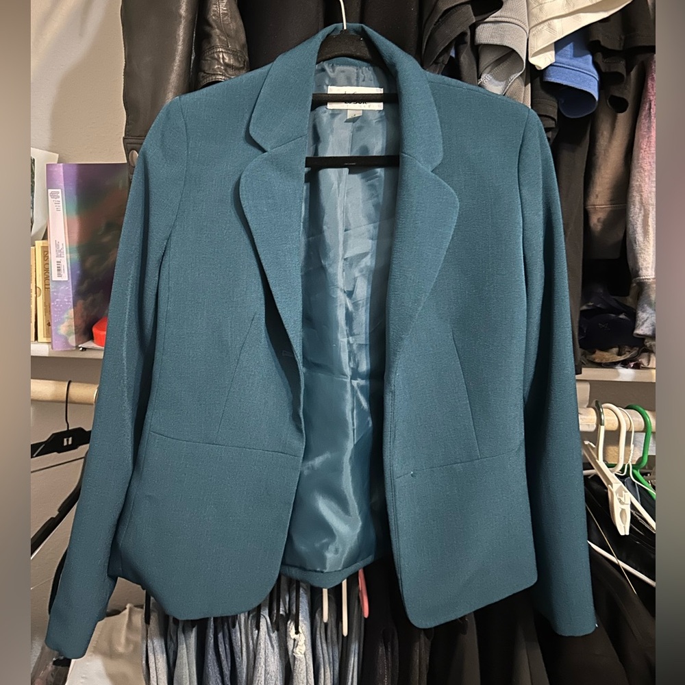 Le suit teal blazer jacket size 4